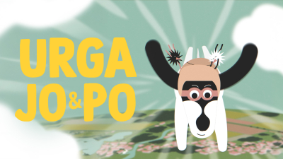 Krāsaina ilustrācija ar stilizētu suņa tēlu un uzrakstu “URGA JO & PO”.