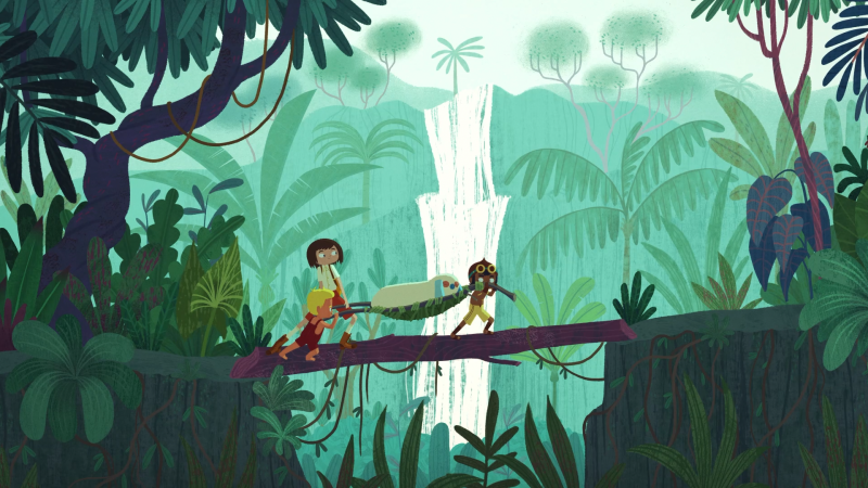 Animēta aina, kurā trīs bērni džungļos nes nestuves pāri koka tiltam uz ūdenskrituma fona.