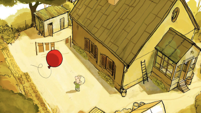 Ilustrācija ar mazu zēnu pagalmā pie savrupmājas, kur gaisā lido sarkans balons.