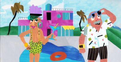 Krāsains kolāžas stila attēls ar diviem ekscentriskiem tēliem pie baseina tropiskā vidē, fonā koša rozā ēka un palmas.